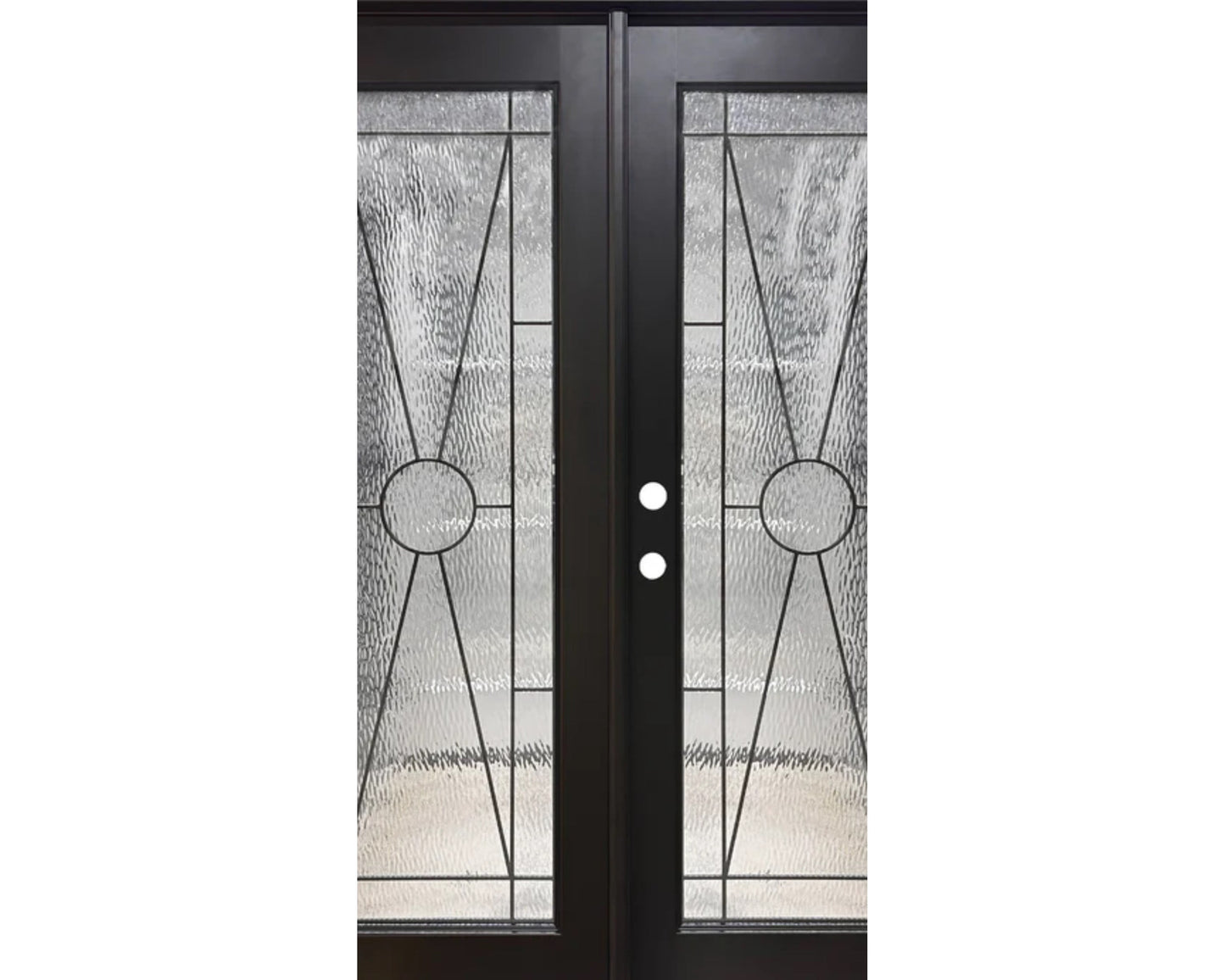 Double Exterior Fiberglass Door close up of iron detail and rain view glass